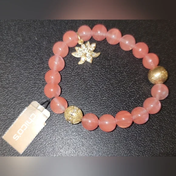Gold and Pink Beaded Bracelet with Lotus Charm - Picture 2 of 4